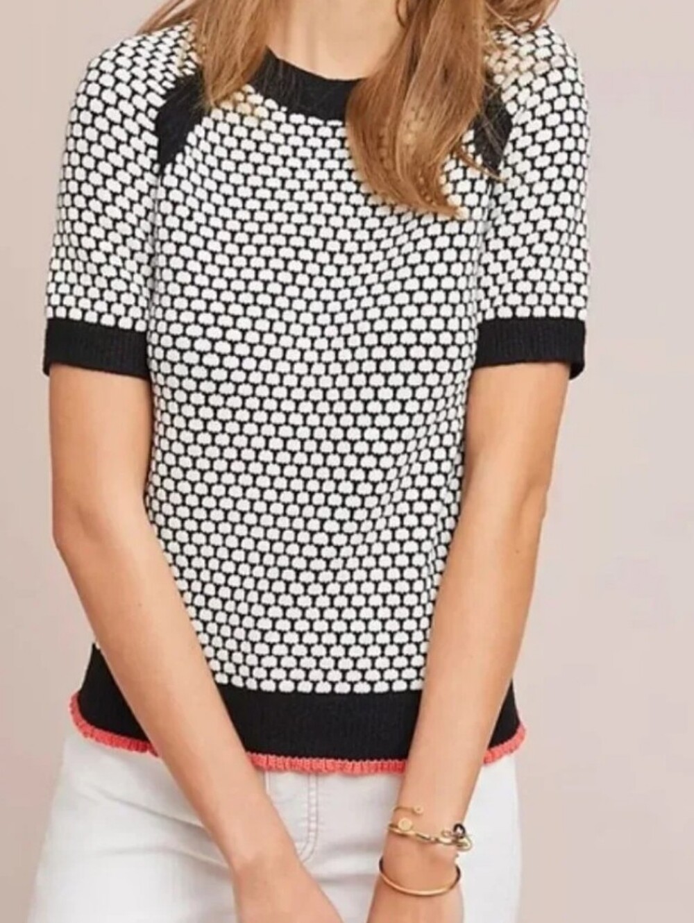 Anthropologie Black and White Short Sleeve Knit Top with Coral Trim